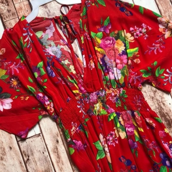 Red Tropical Floral Slit Leg Wrap Maxi Dress - Picture 4 of 5